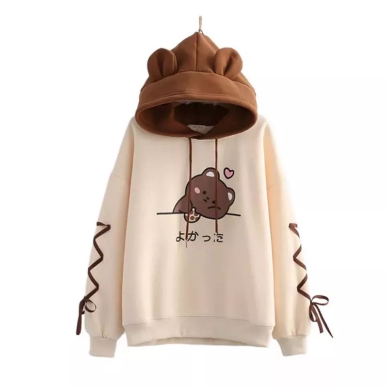 HOODIE COOKIES LOVE BEAR LUCU | SWEATER HOODIE LUCU BEAR WANITA OVERSIZE | SWEATER HOODIE JUMPER ADA TELINGA LUCU