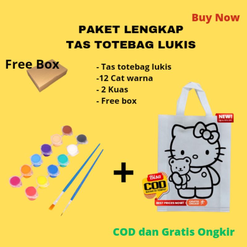 

Paket lengkap Tas lukis TOTEBAG / Lukis tas /Totebag Polos/Painting kid/ Kado ulang tahun, ukuran(30x40x10)Mewarnai sablon lukis(12 cat warna dan 2 kuas)