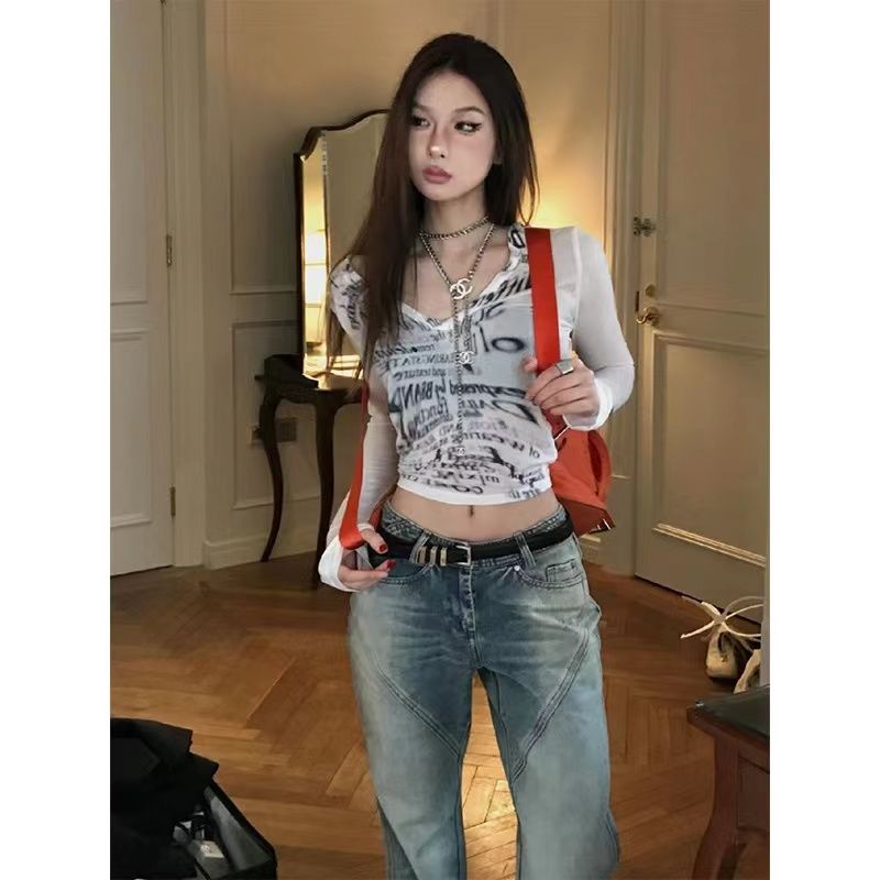 Red Niche design hot girl sexy tabir surya lengan panjang T-shirt wanita musim panas baru cetak slim waist short top