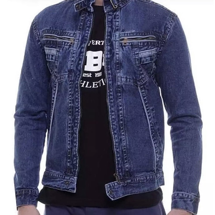 "KLT.19Jn23м" JAKET JEANS PRIA KERAH TINGGI RESLETING JAKET JEANS COWOK TB BANDUNG MURAH JEANS BOMBE