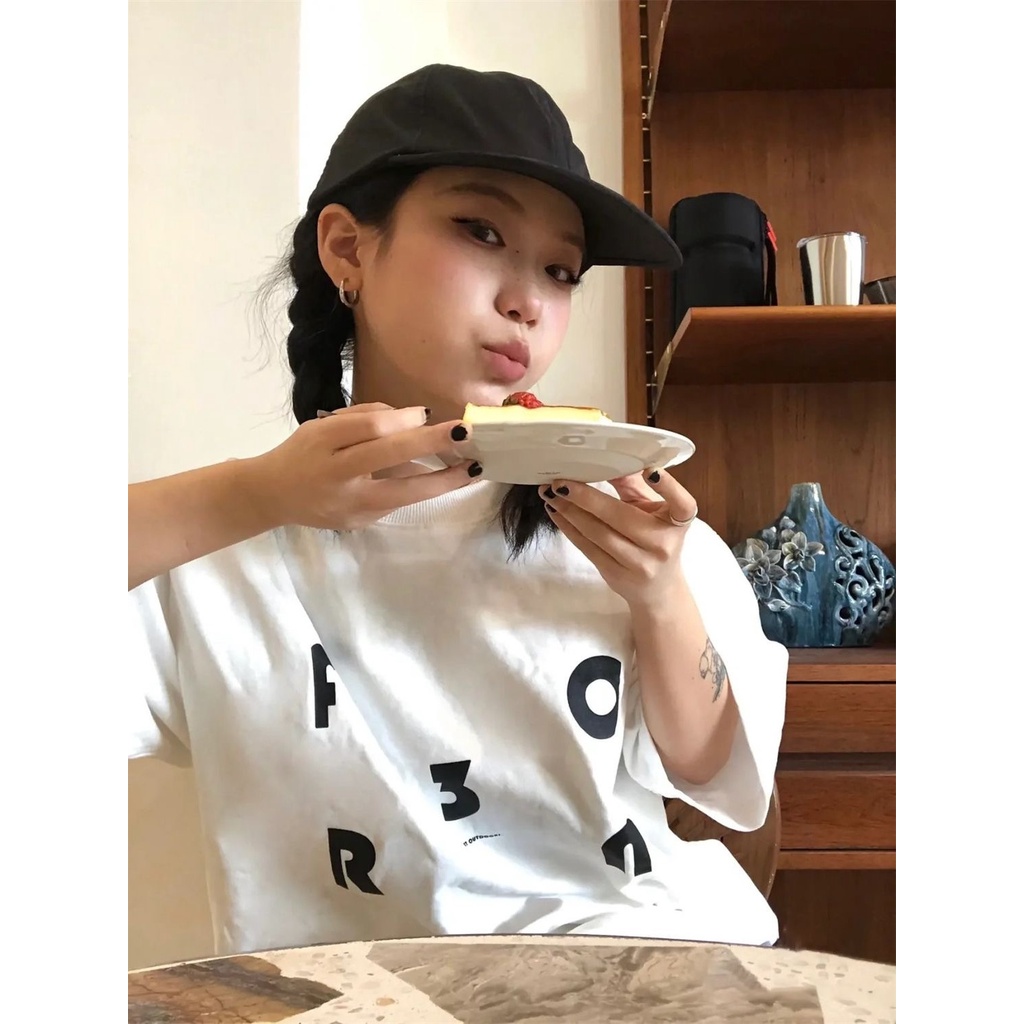 Red Kapas Murni Musim Panas Versi Korea dari Cetak Huruf Gaya Kuliah Lengan Pendek T-shirt Wanita Longgar High Street Malas bf Gaya Mahasiswa Atasan