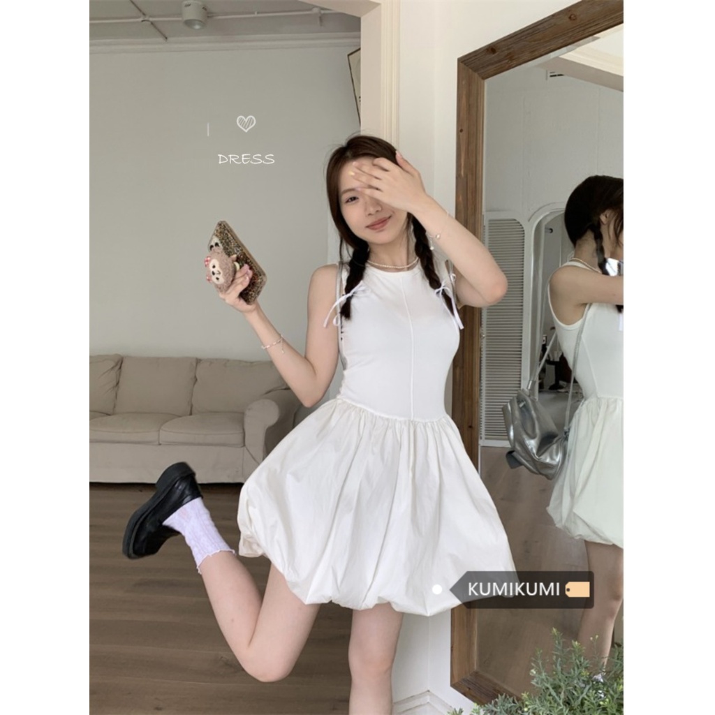 Red Gaya balet gaun desain rasa rok rompi wanita musim panas ceruk pinggang ramping rok tutu putih rok pendek