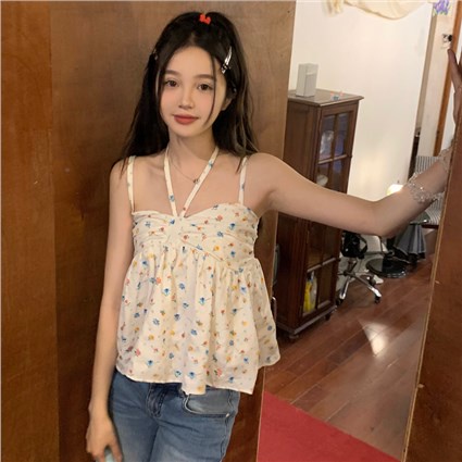 Red French sweet small fresh floral camisole female 2023 new spring pure desire sweet and spicy lace-up top