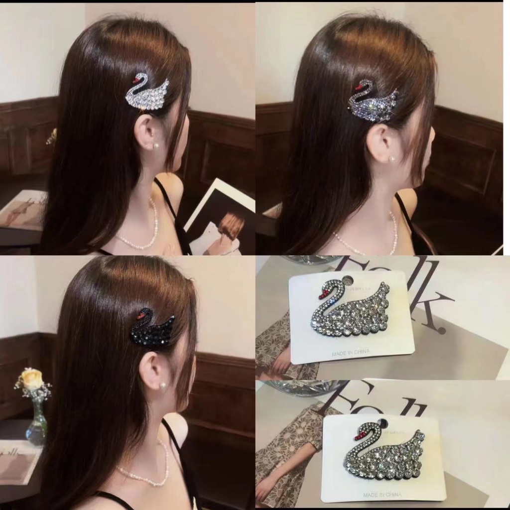 【Bayar di tempat】rhinestone Swan Hair Clip Elegan Temperamen Poni Klip Indah Aksesori Rambut