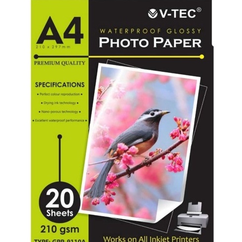 

E9SEQ VTEC Photo Paper Glossy A4 210 gsm V-Tec Kertas Foto Waterproof Vtec 54