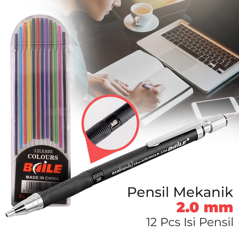 Gs8 BAILE Pensil Mekanik Mechanical Pencil 2B 2mm 12 Isi - BL-621 - Multi-Color Or-i