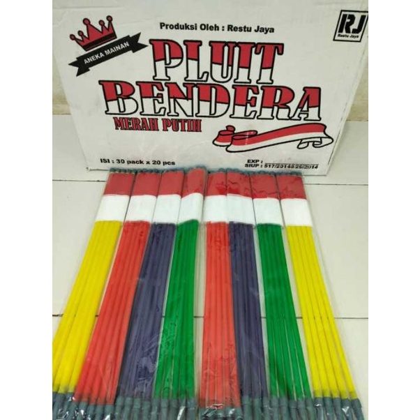 (20pcs) Bendera Merah Putih Plus Pluit Stick Gagang Sedotan Warna-Warni Mainan Murah Grosir/Stik Bendera Ada Peluit