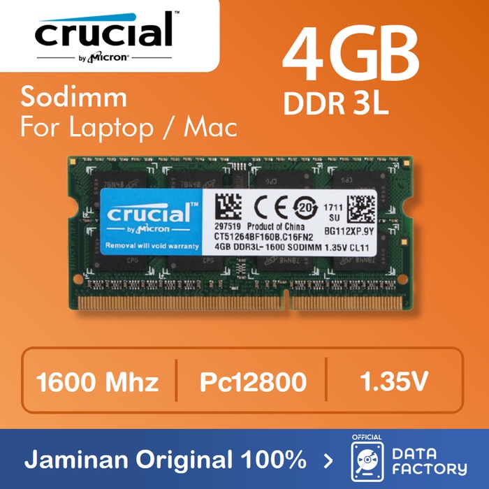 RAM LAPTOP CRUCIAL DDR3L 4GB SODIMM 1600Mhz PC12800 DDR3 1Rx8 MEMORY