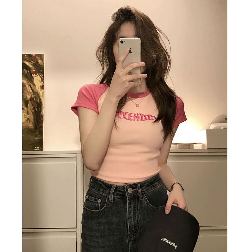 Red Retro hot girl bm style short summer top hit color letter bordir slim short sleeve shoulder pink t-shirt female ins