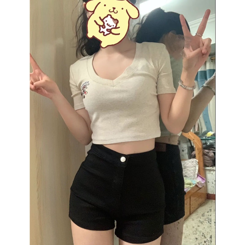 Red Pure Desire Style V-neck Bahu Depan T-shirt Wanita Musim Panas Baru Pinggang Ramping Pelangsing Lengan Pendek In Pendek Manis gadis Panas Atasan