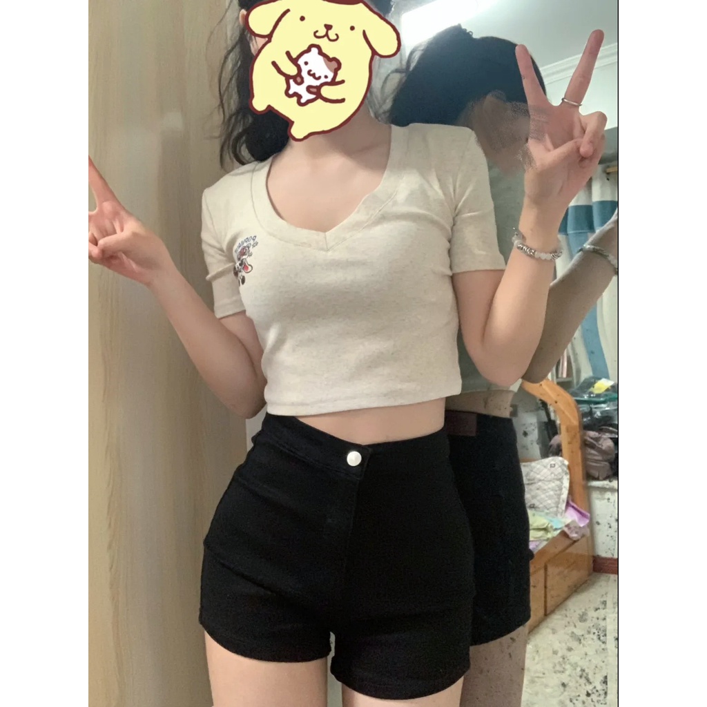 Red Pure Desire Style V-neck Bahu Depan T-shirt Wanita Musim Panas Baru Pinggang Ramping Pelangsing Lengan Pendek In Pendek Manis gadis Panas Atasan