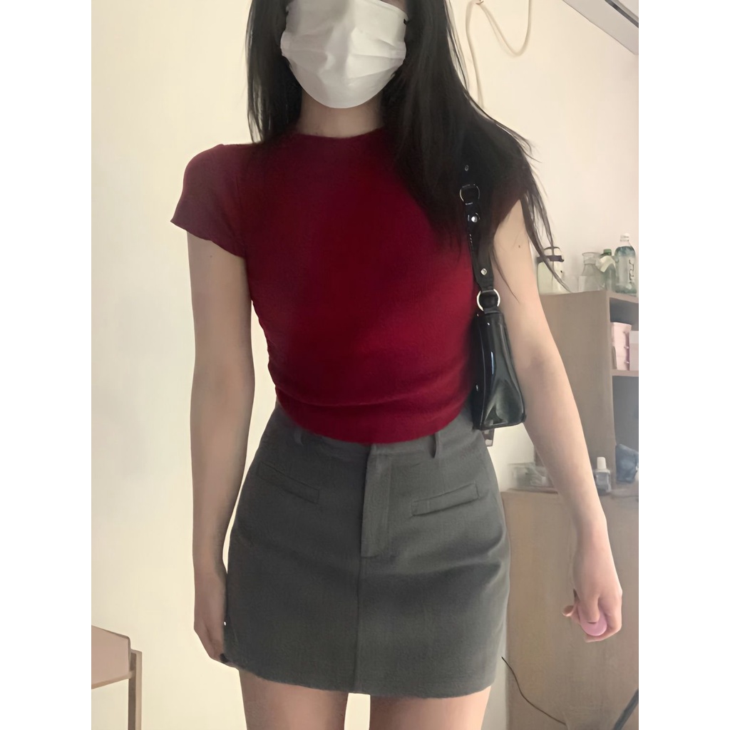 Red Gaya hasrat murni gadis panas setengah kerah tinggi bahu depan lengan pendek t-shirt wanita musim panas pinggang tinggi budidaya diri merah bottoming kemeja atasan pendek