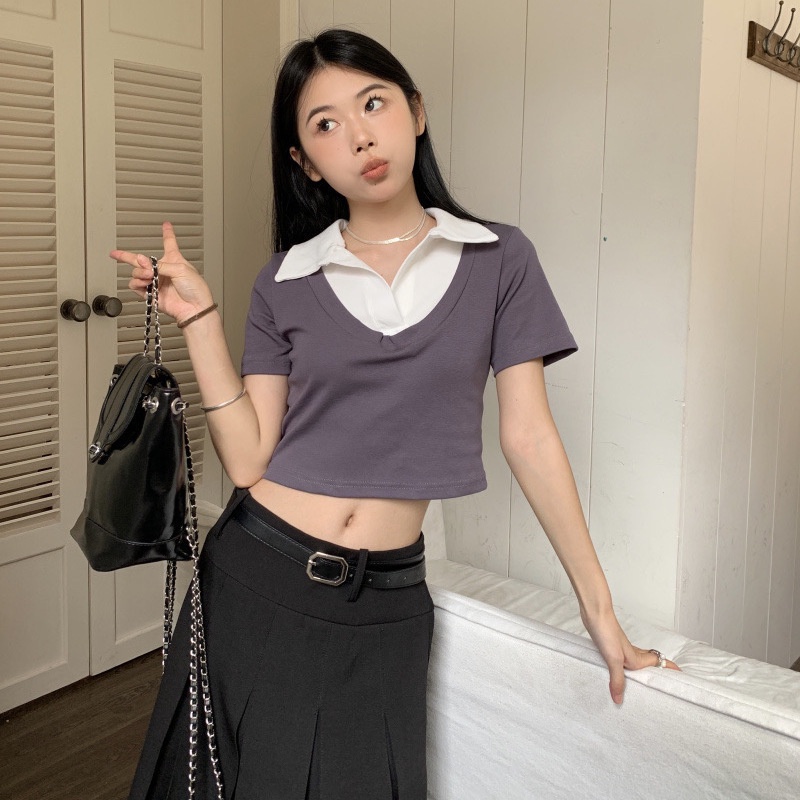 Red Palsu dua potong warna kontras bahu depan polo shirt versi Korea dari katun murni lengan pendek t-shirt wanita musim panas hot girl slim pendek top pasang
