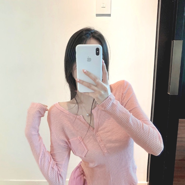 Red Atasan lengan panjang wanita tidak beraturan V-neck slim fit atasan manis dan pedas keinginan murni angin in atasan api super musim gugur baru