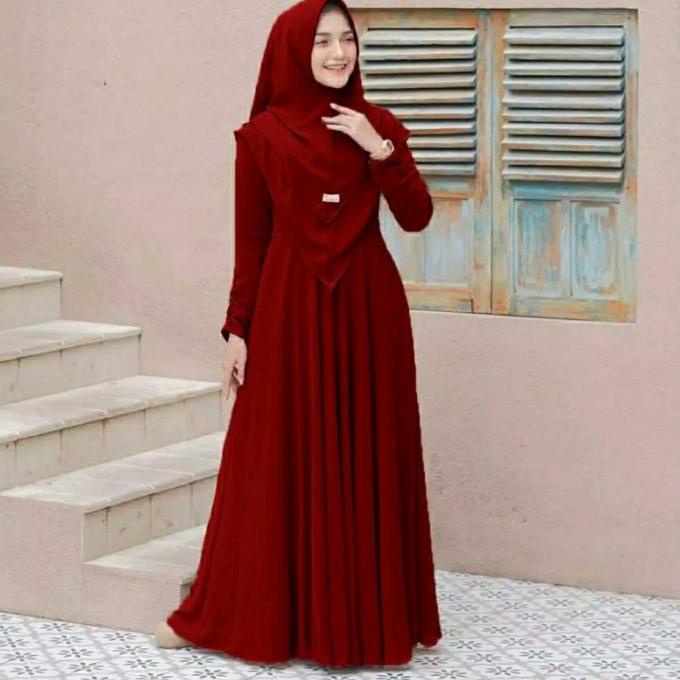 Gamis Dress Syari Wanita Muslim Busui JUMBO FREE HIJAB Merah Marun