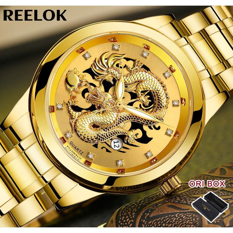 Ready Fngeen Jam Tangan Pria Naga Emas Luxury Stainless Steel Quartz Original Anti Air Dragon Gold W