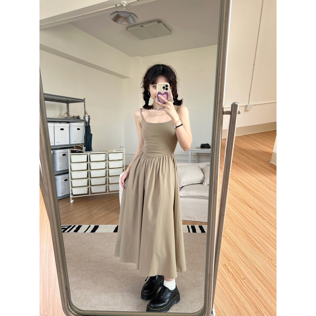 Red ourbase suspender dua warna malas gaun panjang bagian tipis dan ceruk temperamen all-match gaun lembut musim panas wanita gaya baru