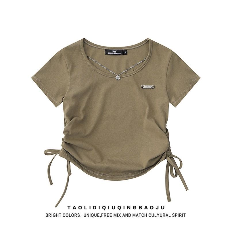 Red Katun Putih Murni Keinginan Tali Serut Lengan Pendek T-shirt Wanita Slim Gadis Panas All-Match Depan Bahu Pendek atasan Musim Panas Slim