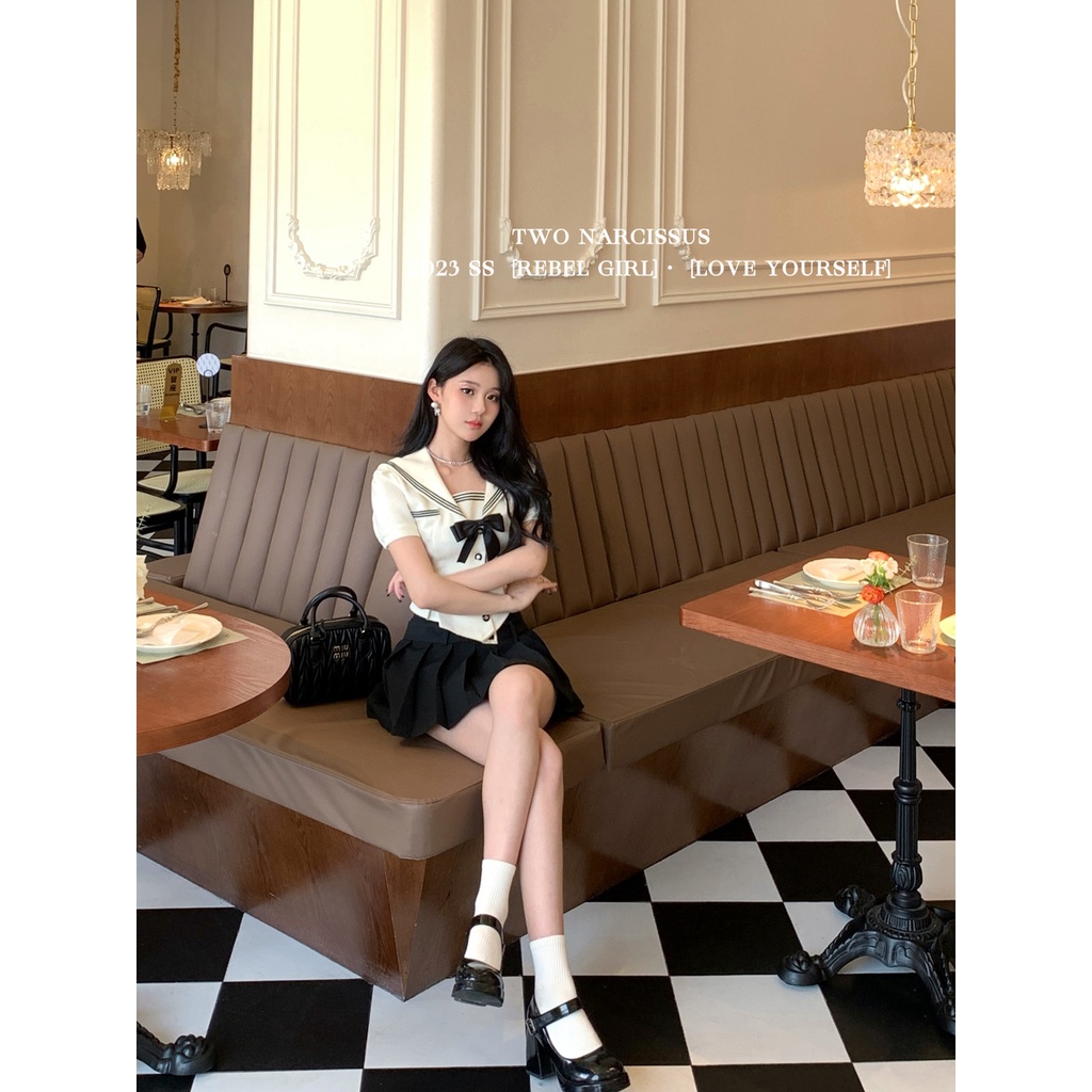 Red American college style hot girl jk uniform sailor suit navy collar top high waist lipit skirt short skirt two-piece female summer