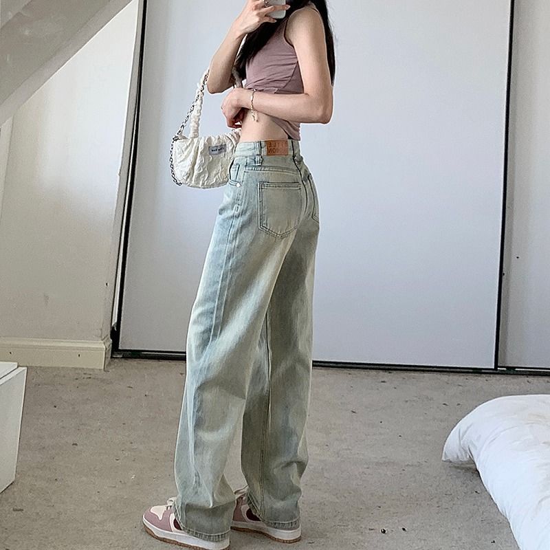 Red American retro high street lumpur kuning versi sempit celana jeans lebar kaki wanita tabung lurus longgar pinggang tinggi celana pelangsing lantai mengepel