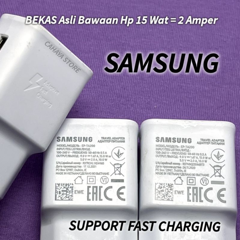 Adaptor Samsung Bekas Asli Bawaan Hp 15W A9 C9Pro A50 A50S A51 M11 M20 M12 M13 M14 A13 A23 A52 A52S S10 S10Plus Charger Original 100% Support Fast Charging Ory