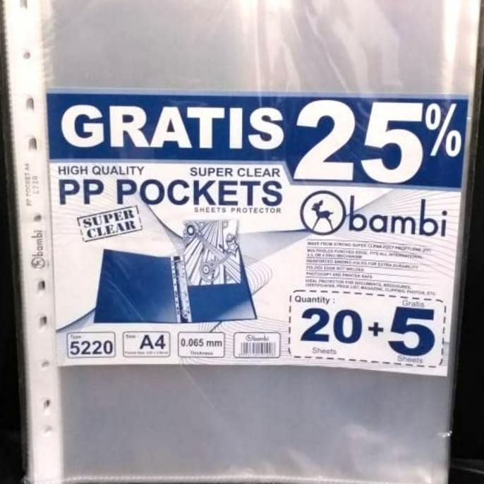 

PP Pocket/plastik kantong/clear Sleeve Bamby A4 5220 isi 20 + 5 lbr