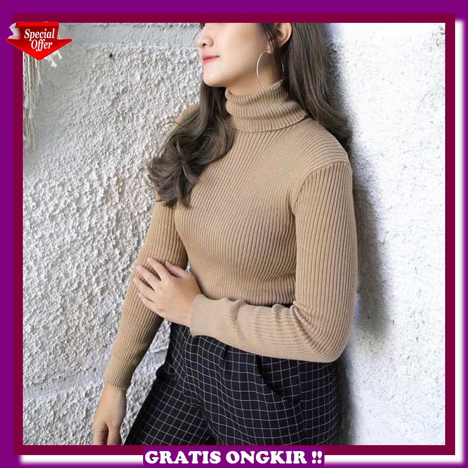 Turtle Neck Jumbo Lengan Pendek Turtleneck Wanita Sweater Baju Panjang Oversize Turleneck Kerah Kore
