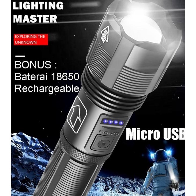 Senter LED XHP50 USB Powerfull 5 Mode Telescopic Zoom Waterproof