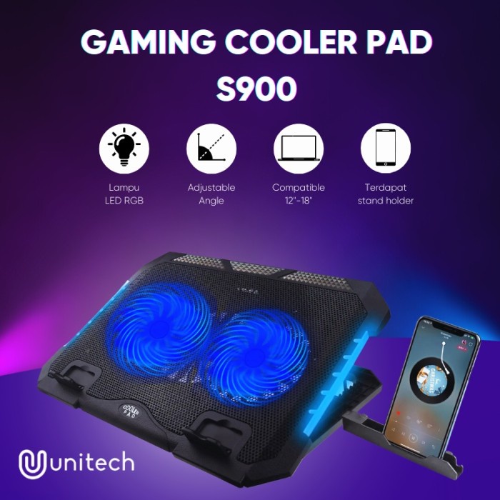 Terlaris Cooling Pad Rgb Gaming Laptop Unitech S900 2 Fan Kipas Pendingin
