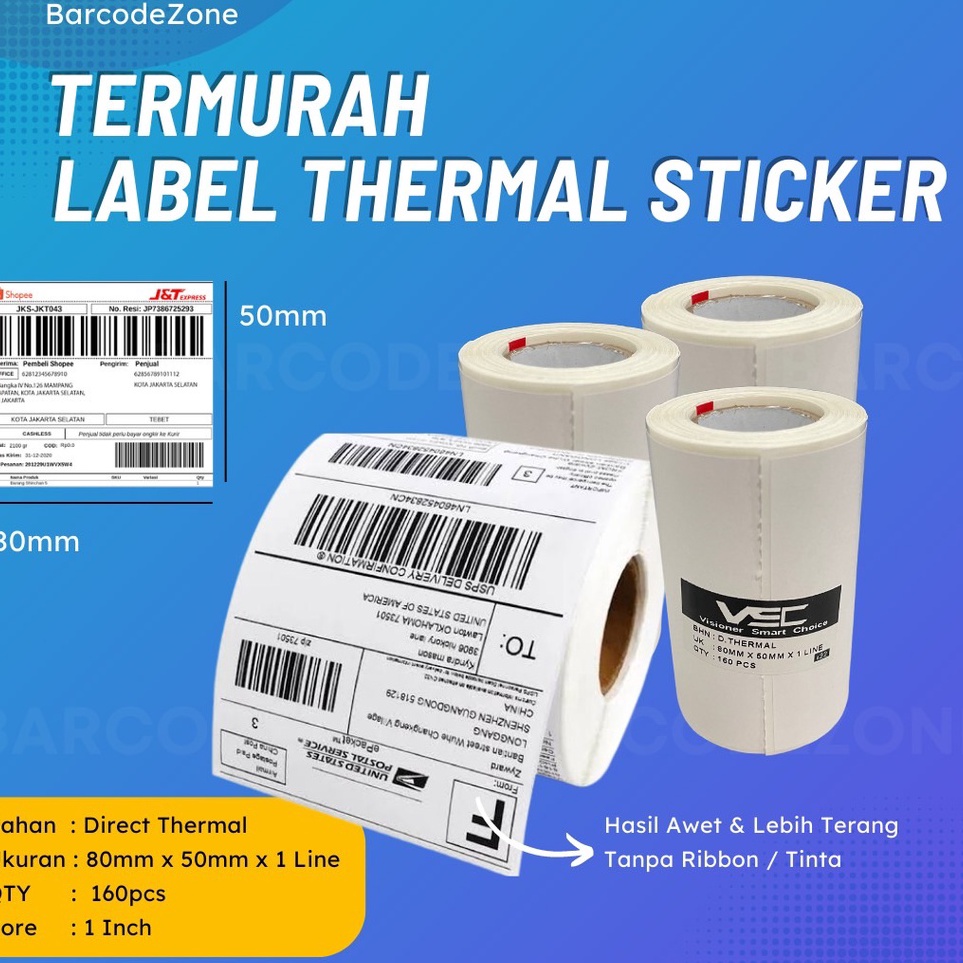 

[KODE PRODUK I6QZV7849] LABEL THERMAL BARCODE 80 X 50mm DIRECT THERMAL 80x50mm 1 LINE - ALAMAT HARGA BARCODE