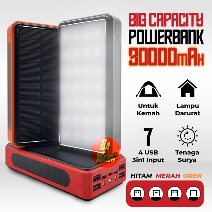 Terlaris Powerbank Solar 30000Mah 4 Usb + 3 Input Lampu Spotlight Sorot Led