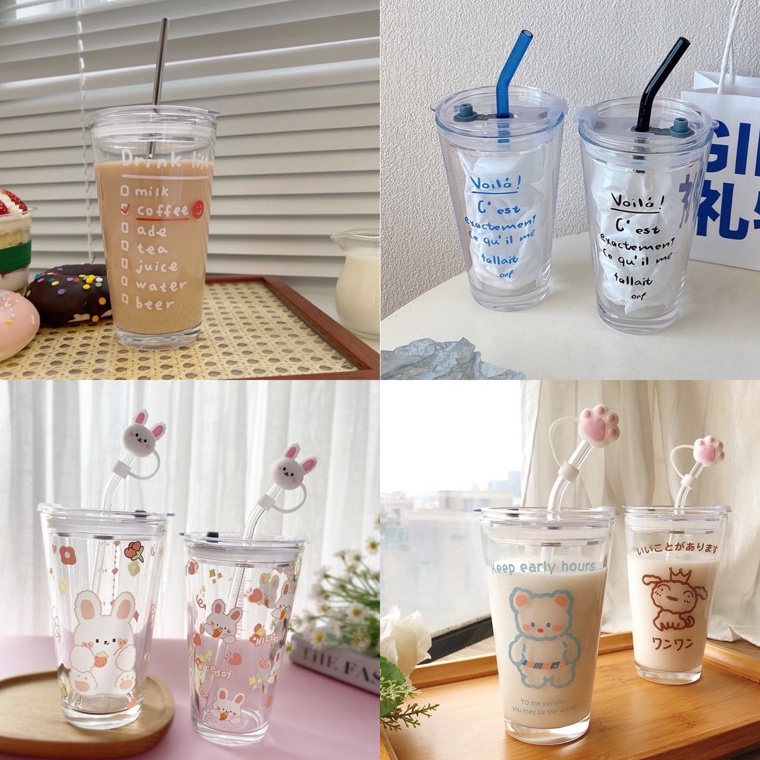 BEST SELLER|| GELAS MUG KACA / GELAS TUMBLER DENGAN SEDOTAN / gelas aesthetic