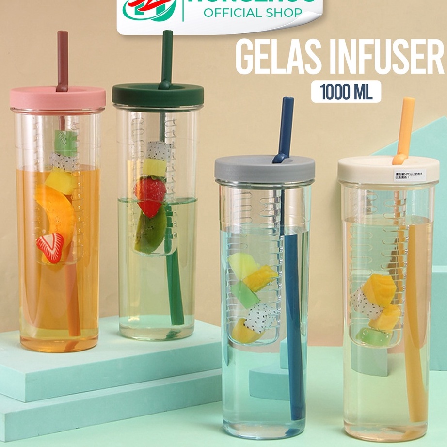 Trendy2.2 Hongzhuo Botol Minum Transparan Infused Water Botol Minum Sedotan Lipat Botol Minum Buah 1