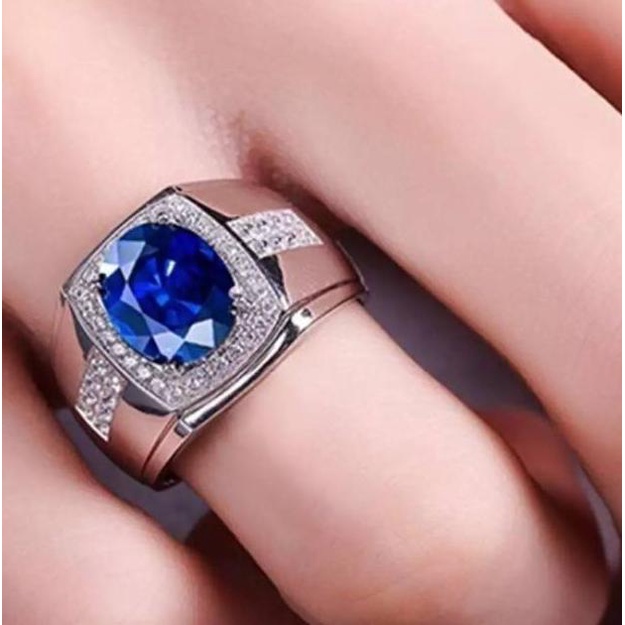 Termurah Cincin Pria Akik Safir Biru Ring Warna Perak Batu Blue Sapphire Cubic Zirconia