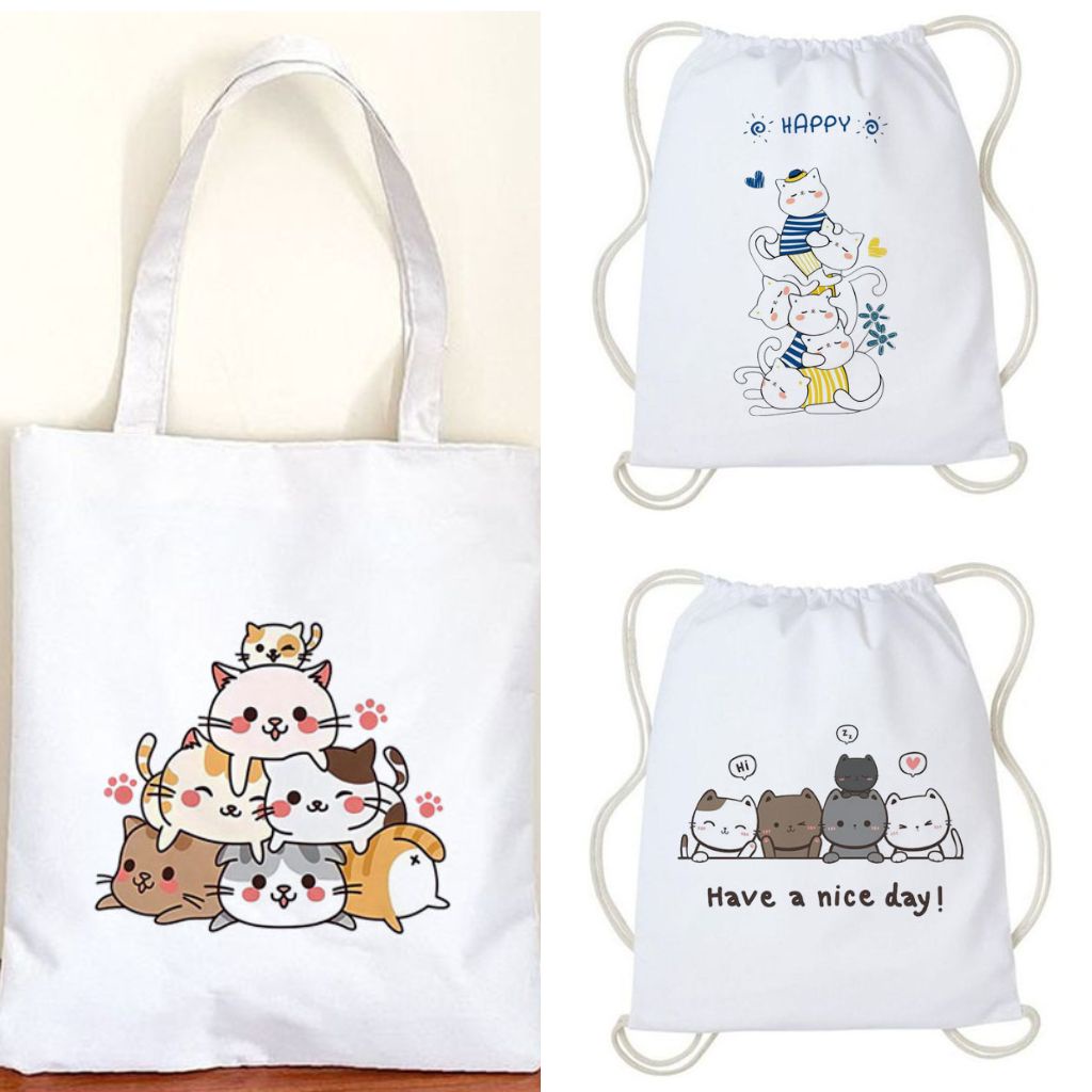 Tas Serut Tote Bag Motif Cat kucing Lucu String Bag Kanvas Wanita Goodie Bag Ulang Tahun Aesthetic