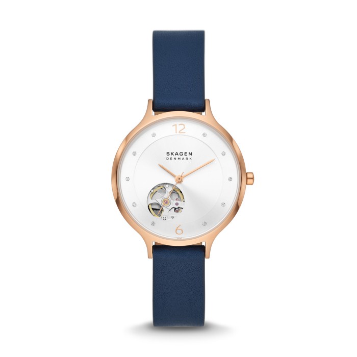 DISKON SPESIAL SKAGEN ANITA AUTOMATIC BLUE LEATHER WATCH JAM WANITA-SKW3083 TERMURAH