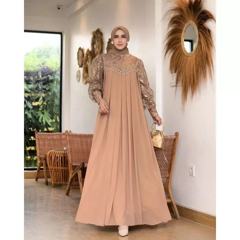 GAMIS TERBARU SHENNA GROWN DRESS BP M L XL XXL BAHAN CERUTY MIX BRUKAT APK PAYET GAMIS WANITA POLOS 