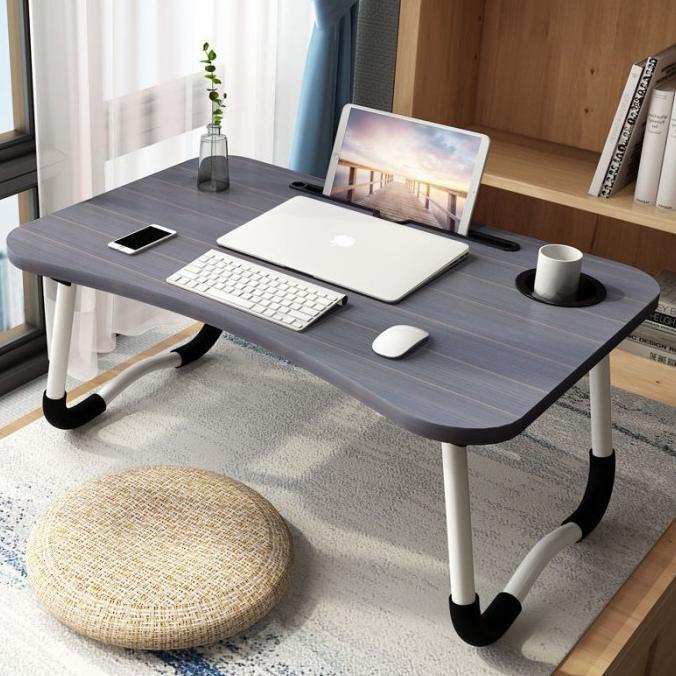 MEJA LIPAT BELAJAR ANAK LAPTOP LESEHAN WARNA POLOS SLOT GELAS HITAM