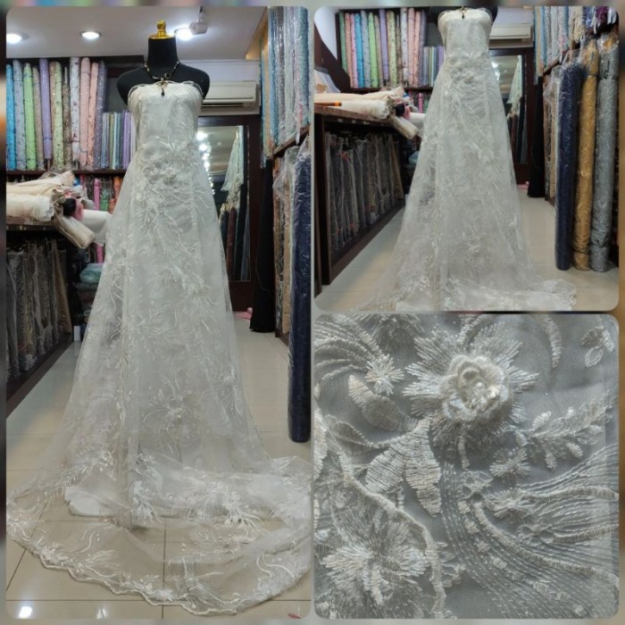 Best Seller Kain Brokat Tile Motif Bunga Aplikasi 3D Putih