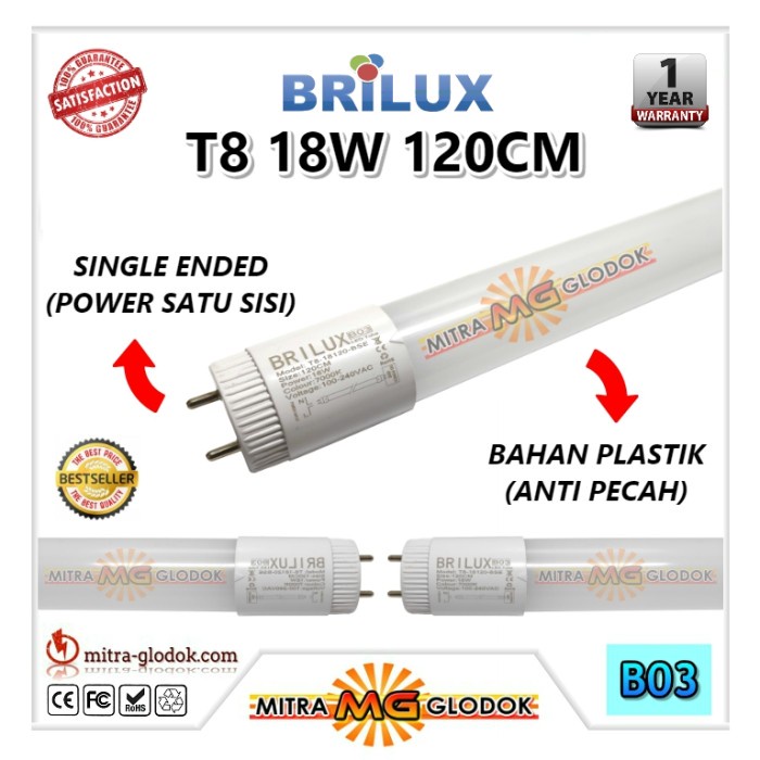 Terlaris Lcdno Lampu Led Neon Tl T8 Tube 18W 120Cm Brilux Putih Garansi 1 Tahun - B07