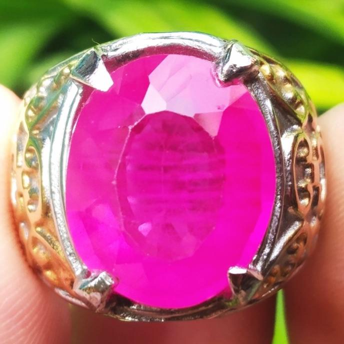 %%%%] Cincin Titanium Batu Akik Permata Merah Rose Pink Cutting Oval
