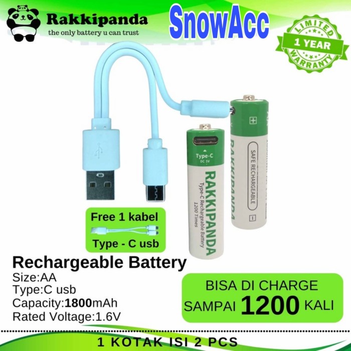 Rakkipanda Baterai Cas Isi Ulang Aa 1.6V Type C Usb Rechargeable