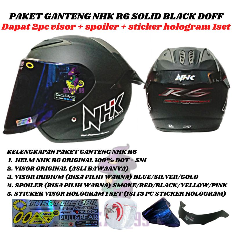 HELM NHK R6 SOLID BLACK DOFF HALF FACE ORIGINL SNI ( PAKET GANTENG NHK R6 )