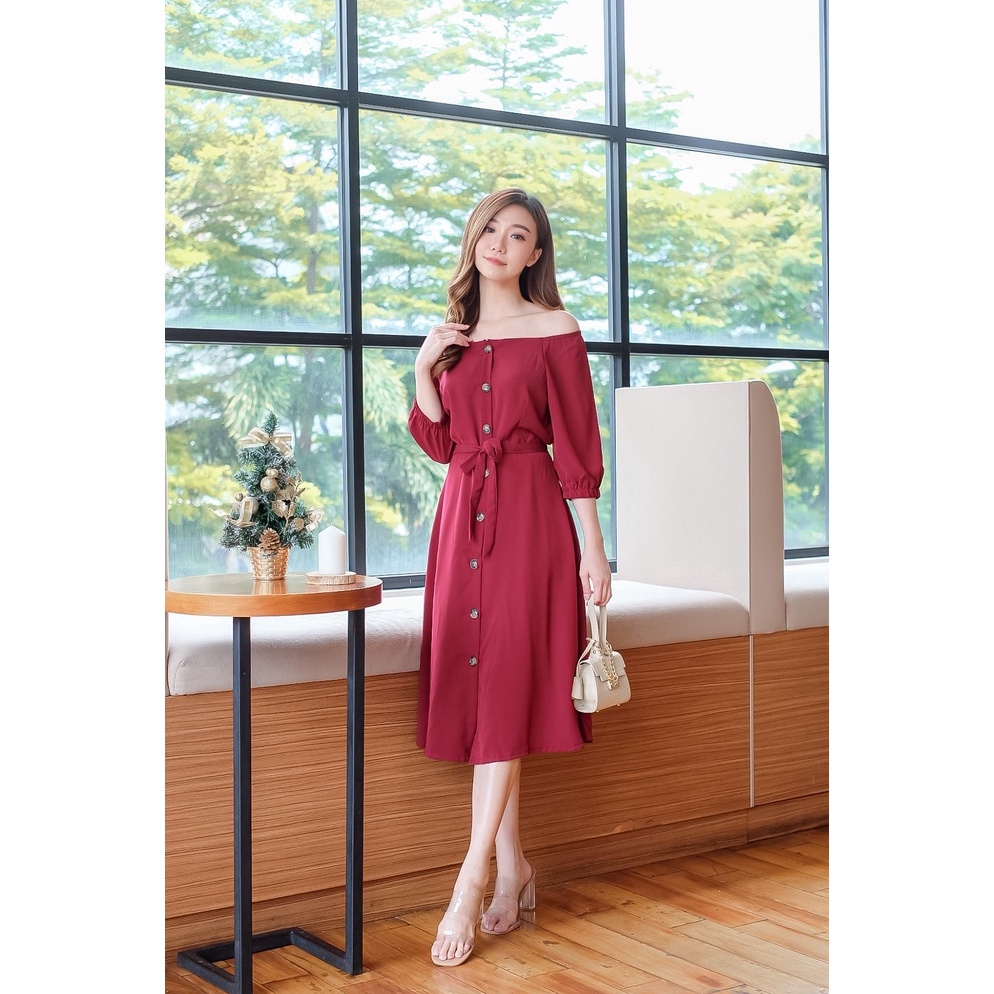 On Sale COTTONBELLS CASUAL DRESS WANITA EMILY BUTTON PLAID SQUARE MIDI (CV - D 4068) NH9