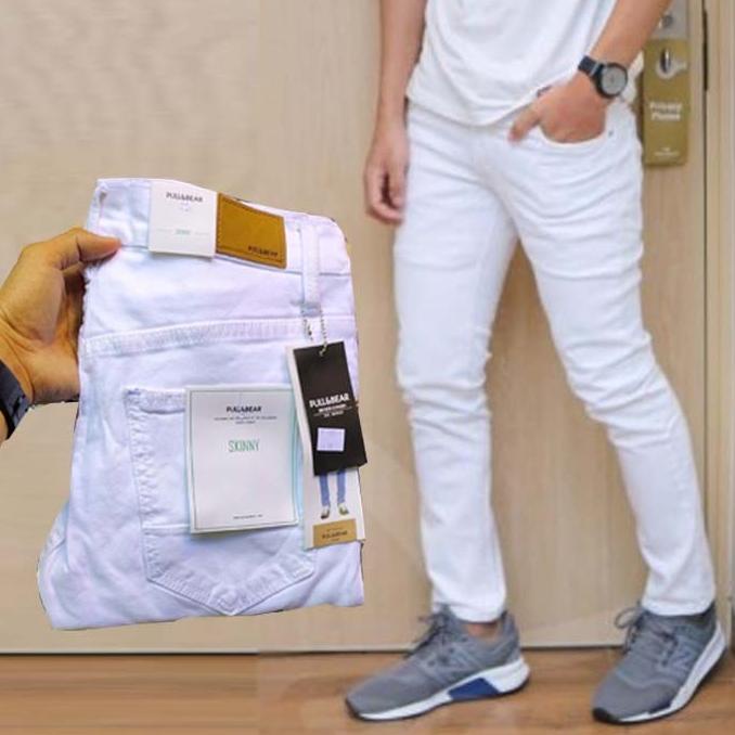 Celana Skinny Jeans Pria Panjang Putih Bersih Pull & Bear Stretch Stok Terbatas