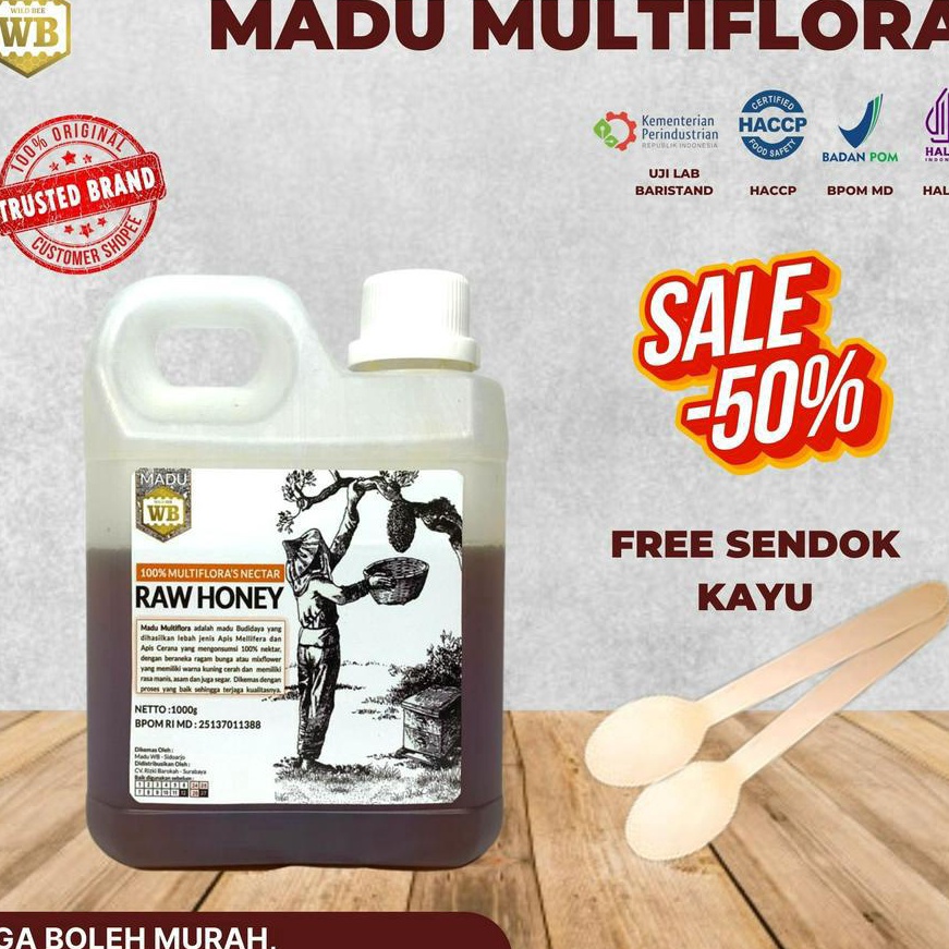 

✨Original✨ WB Wild Bee - Madu Multiflora 1 Kg Raw Honey BPOM HARGA PROMO Madu Asli Murni Free Kardus & Sendok Kayu Premium !
