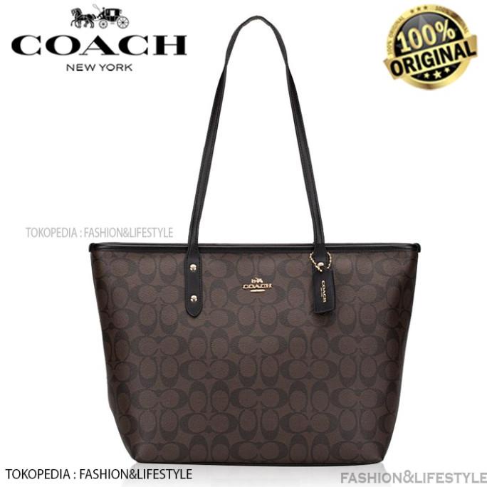 Coach Tote Bag Signature City Zip Tote Brown Black - Mahogany Original