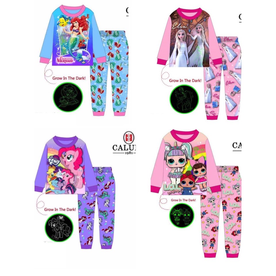 [SG SELLER] Caluby kids Glow in the Dark Pajamas girls sleepwear frozen paw patrol skye sofia minnie