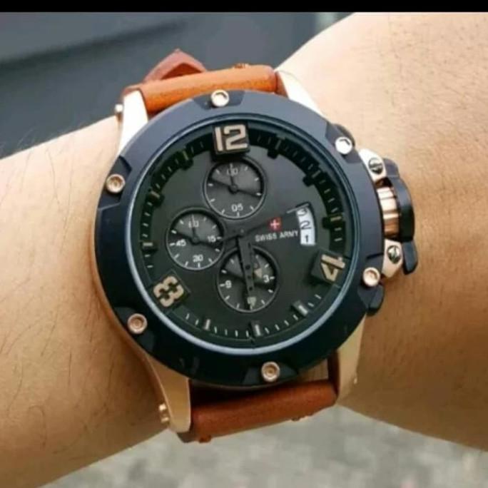 JAM TANGAN PRIA SWISS ARMY CHRONO AKTIF LEATHER COKLAT PREMIUM