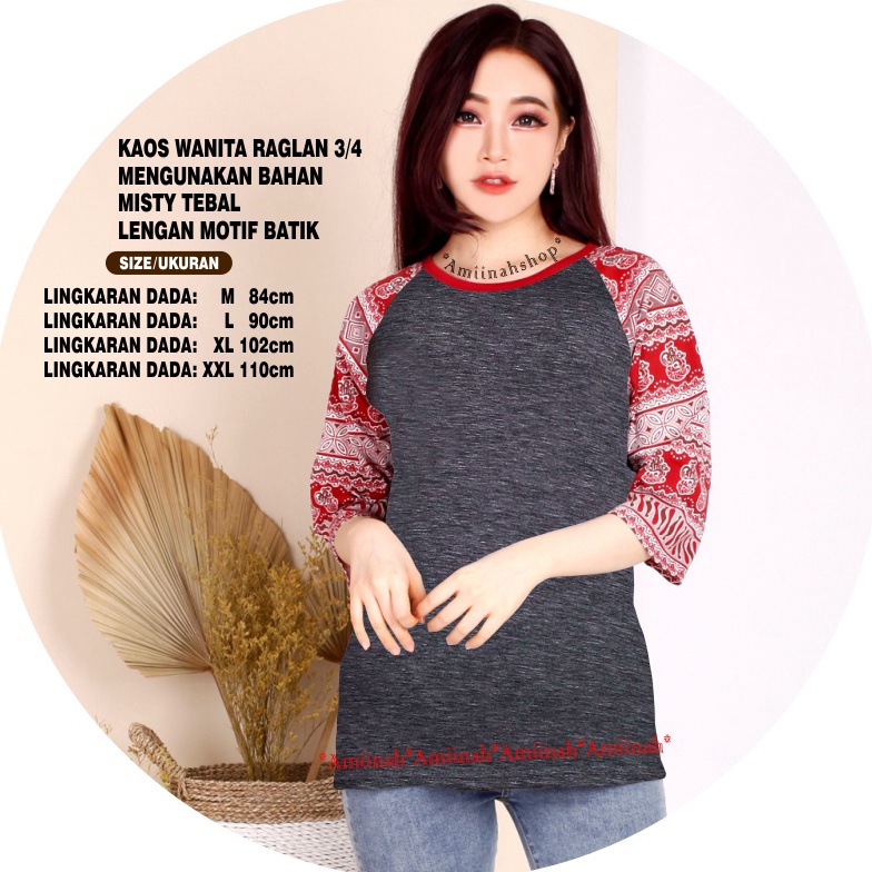 FTY COD-Kaos Wanita (POLOS BATIK) Kaos Raglan 3/4 M81 Model Kombinasi Batik/ Kaos Cewek/ Kaos Oblong